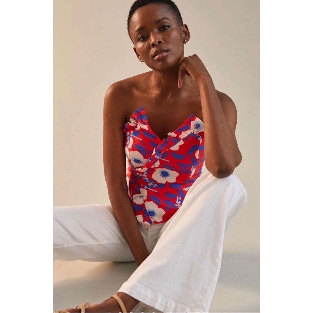Anthropologie HUTCH Floral Ruffle Corset shirt top bustier Sz 2 red/blue summer